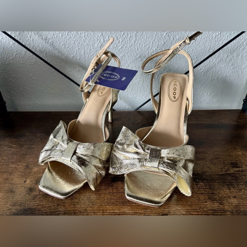 Scoop Gold Bow Ankle-Strap Heels for Women